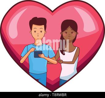 Millennial couple in heart frame cartoon Stock Vector