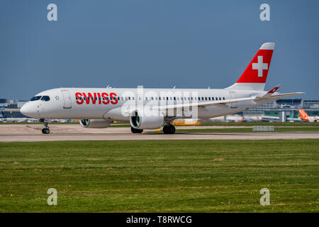 MANCHESTER, UNITED KINGDOM - APRIL 20, 2019: Swiss Air Airbus A220 ready for departure Stock Photo