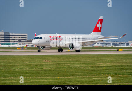 MANCHESTER, UNITED KINGDOM - APRIL 20, 2019: Swiss Air Airbus A220 ready for departure Stock Photo