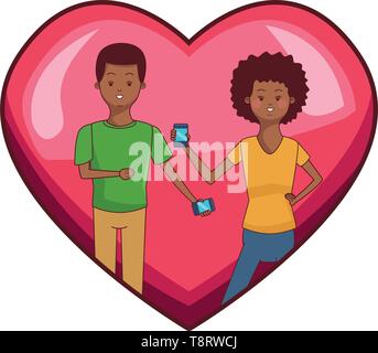 Millennial couple in heart frame cartoon Stock Vector