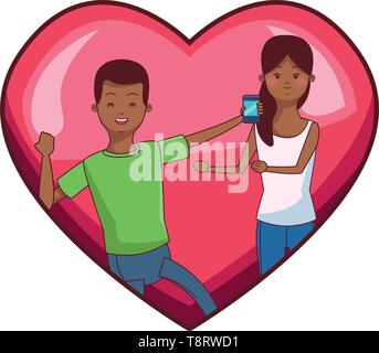 Millennial couple in heart frame cartoon Stock Vector