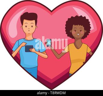 Millennial couple in heart frame cartoon Stock Vector