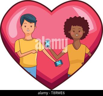 Millennial couple in heart frame cartoon Stock Vector