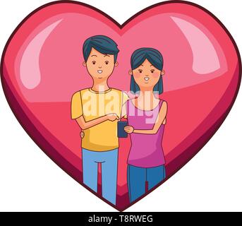 Millennial couple in heart frame cartoon Stock Vector