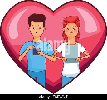 Millennial couple in heart frame cartoon Stock Vector