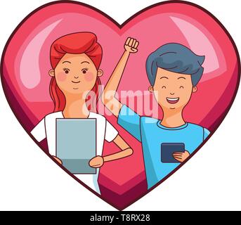 Millennial couple in heart frame cartoon Stock Vector