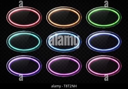 Oval neon lights banners set. Colorful led lamp. Stock Vector