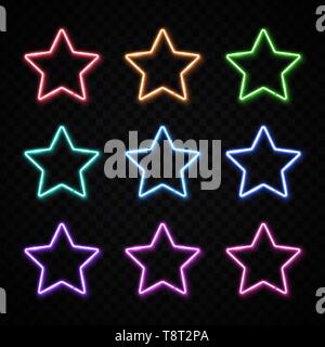 Colorful neon star set on transparent background. Stock Vector