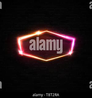 Bright neon signage on black brick wall background Stock Vector