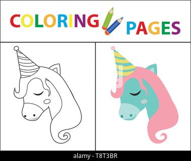 Coloring book page for kids. Birthday unicorn. Sketch outline and color version. Childrens education. Vector illustration. Stock Vector