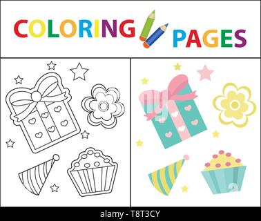 Coloring book page for kids. Birthday gift and cake set. Sketch outline and color version. Childrens education. Vector illustration. Stock Vector