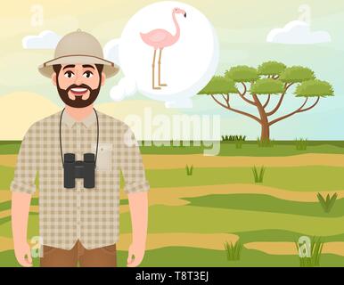 Happy man in cork hat, animal hunter thinks about flamingo, safari landscape, umbrella acacia, African countryside, vector illustration Stock Vector