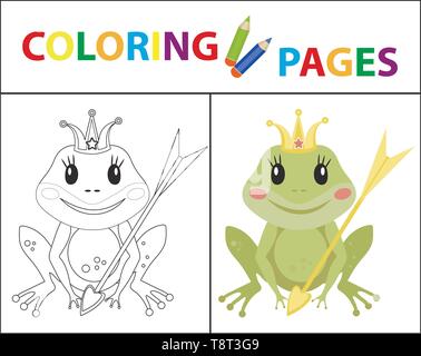 Coloring book page for kids. Frog princess Sketch outline and color version. Childrens education. Vector illustration. Stock Vector