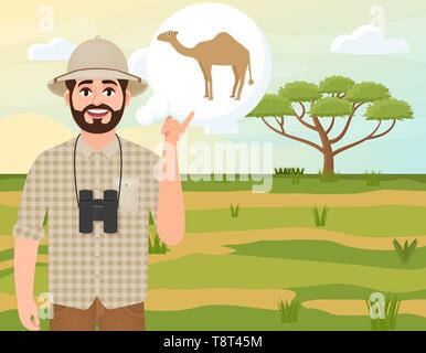 Happy man in cork hat, animal hunter thinks about camel, safari landscape, umbrella acacia, African countryside, vector illustration Stock Vector