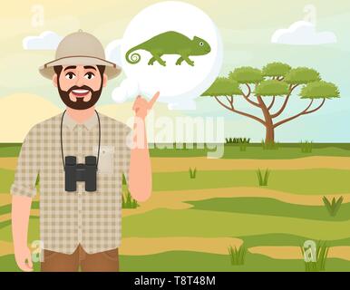 Happy man in cork hat, animal hunter thinks about chameleon, safari landscape, umbrella acacia, African countryside, vector illustration Stock Vector