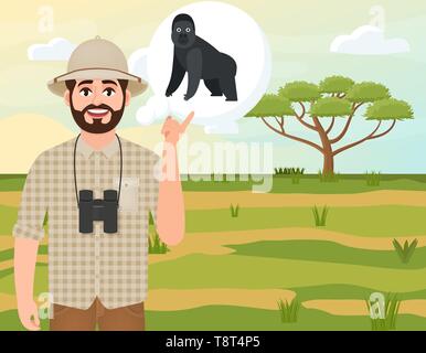 Happy man in cork hat, animal hunter thinks about gorilla, safari landscape, umbrella acacia, African countryside, vector illustration Stock Vector