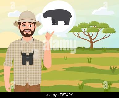 Happy man in cork hat, animal hunter thinks about hippopotamus, safari landscape, umbrella acacia, African countryside, vector illustration Stock Vector