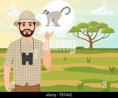 Happy man in cork hat, animal hunter thinks about lemur, safari landscape, umbrella acacia, African countryside, vector illustration Stock Vector