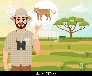 Happy man in cork hat, animal hunter thinks about leopard, safari landscape, umbrella acacia, African countryside, vector illustration Stock Vector