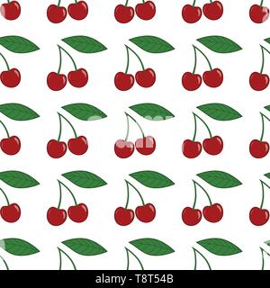Vector seamless pattern with cherries and leaves on white background. Stock Vector