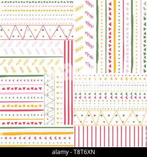Vector seamless pattern with handdrawn stripes and triangles . Hand drawn pink, green and yellow stripes and triangles. Stock Vector