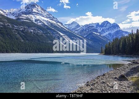 Melting Ice on Glacier Lake Emerald Green Water. Canadian Rocky Mountain Peaks Landscape.  Springtime Hiking Banff National Park Canada Stock Photo