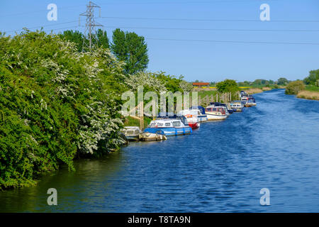 Boats moored on the River Rother near Iden, East Sussex, UK Stock Photo