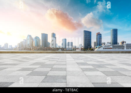 Shanghai city skyline and buildings with empty floor Stock Photo
