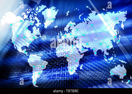 Internet and telecommunication concept with world map on server room background.