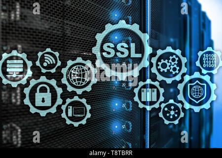 SSL Secure Sockets Layer concept. Cryptographic protocols provide secured communications. Server room background. Stock Photo