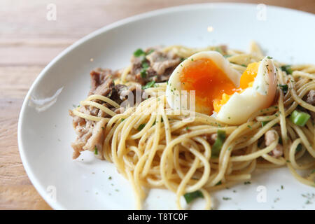 spaghetti pork and boiled egg in japanese style Stock Photo