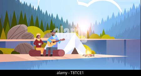 couple tourists hikers relaxing in camp african american man playing guitar for girlfriend sitting on log hiking concept sunrise landscape nature Stock Vector