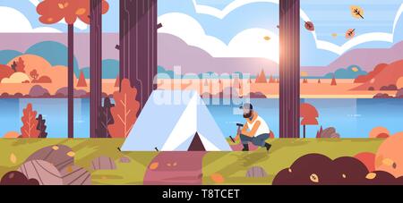 african man hiker camper installing tent preparing for camping hiking concept sunrise autumn landscape nature river mountains background flat Stock Vector