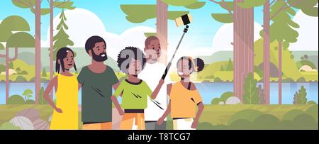 people group in forest using selfie stick taking photo on smartphone camera hiking concept african american friends standing together landscape Stock Vector