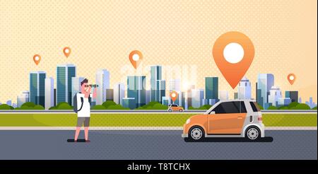 man looking through binoculars searching automobile vehicle rent car sharing concept transportation carsharing service modern cityscape background Stock Vector