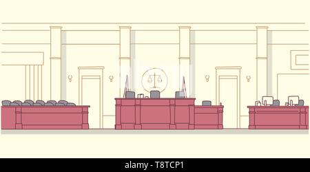 empty courtroom with wooden furniture judge and secretary workplace jury box seats modern courthouse interior justice and jurisprudence concept Stock Vector