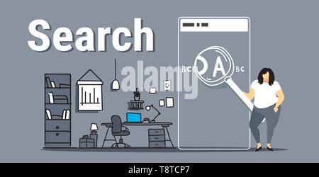 fat woman holding magnifying zoom glass using mobile app zooming smartphone screen search concept workplace office interior full length sketch doodle Stock Vector