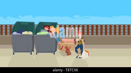 mother and daughter tramps searching food and clothes in trash can on street beggars family homeless concept horizontal full length Stock Vector