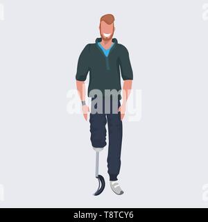 disabled smiling man with prosthesis artificial leg standing pose flat full length Stock Vector