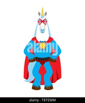 Unicorn superhero. Super Magic horse in mask and raincoat. Strong animal Stock Vector