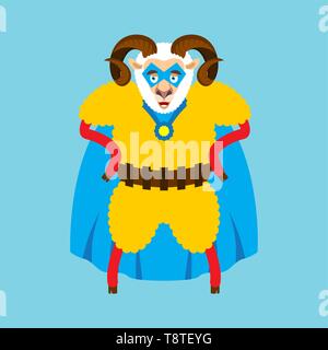 Ram superhero. Super Sheep in mask and raincoat. Strong Farm animal Stock Vector
