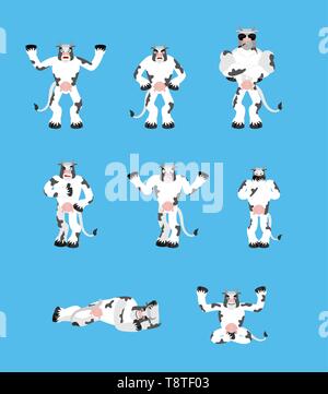Cow set poses. Farm animal happy and yoga. beef sleeping and angry. guilty and sad. Vector illustration Stock Vector