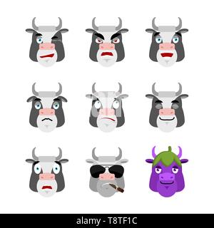 Cow set emoji avatar. sad and angry face. guilty and sleeping. Farm animal sleeping emotion face. Vector illustration Stock Vector