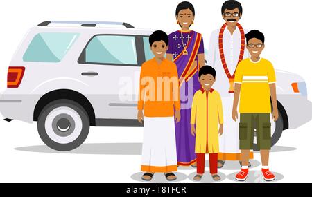 Family and social concept. Indian person generations at different ages. Set of people in traditional national clothes. Father, mother, boy standing Stock Vector