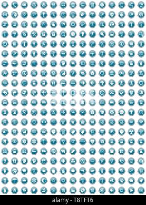 Vector icon set, internet, technology, education and medicine signs and symbols, web and business blue silver metallic chrome round buttons isolated o Stock Vector
