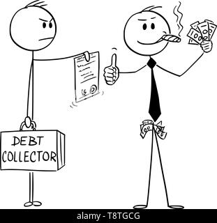 Vector cartoon stick figure drawing conceptual illustration of confident successful man or businessman smoking cigar, with money in hand showing thumbs-up while debt collector is ordering him to pay debts or foreclosing his property. Stock Vector