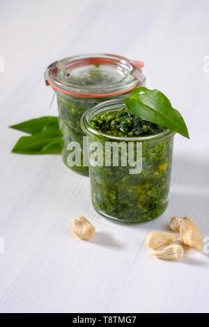 Ramsom (Allium ursinum), leaves next to preserving jar, pesto with ramsom and cashew nuts, Germany Stock Photo