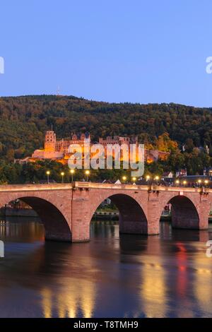 Heidelberg Castle with Karl Theodor Bridge in the Evening Light, Heidelberg, Baden-Wurttemberg, Germany Stock Photo