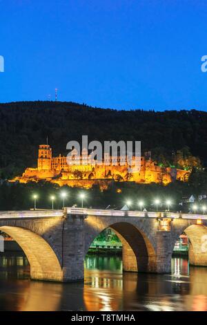 Heidelberg Castle with Karl Theodor Bridge at dusk, Heidelberg, Baden-Wurttemberg, Germany Stock Photo