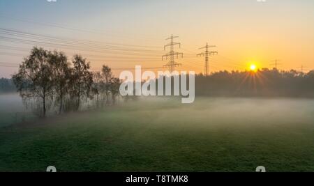 Sunrise in the morning fog, cultural landscape with power poles, Norderstedt, Schleswig-Holstein, Germany Stock Photo